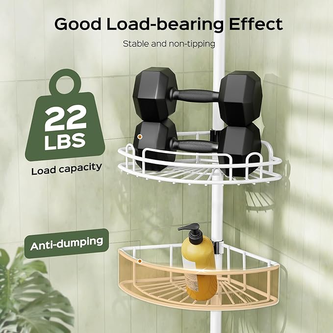 HAMITOR Corner Shower Caddy Tension Pole: Rustproof Bathroom Organizer Shelves for Bathtub Shampoo Accessories Storage Holder
