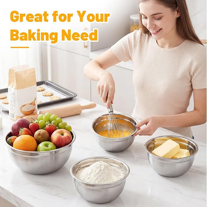 Beasea Stainless Steel Mixing Bowl Set of 3, 2 QT Stackable Metal Mixing Bowls with Lids for Baking, Prepping, Serving, Stainless Nesting Bowl with Black Lids for Kitchen, Salad, Dough