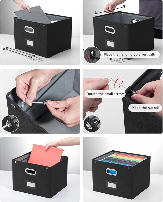 2 Pack File Organizer Box with Lid, Large Hanging Filing Box with Mesh Pocket, Document Organizer for Letter Files, Portable 