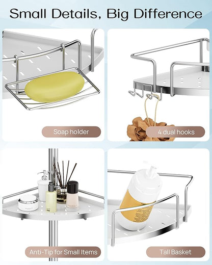 ALLZONE Corner Shower Caddy Tension Pole, 4 Repositionable Hang-On Baskets with Mixed-Height Shelves for Various Bottle Sizes