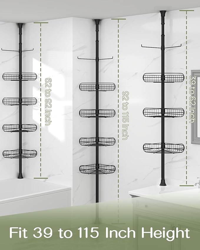 ALLZONE Corner Shower Caddy Tension Pole, 4-Tier Adjustable Shelves, Rustproof Bathroom Shower Organizer Corner for Inside Sh