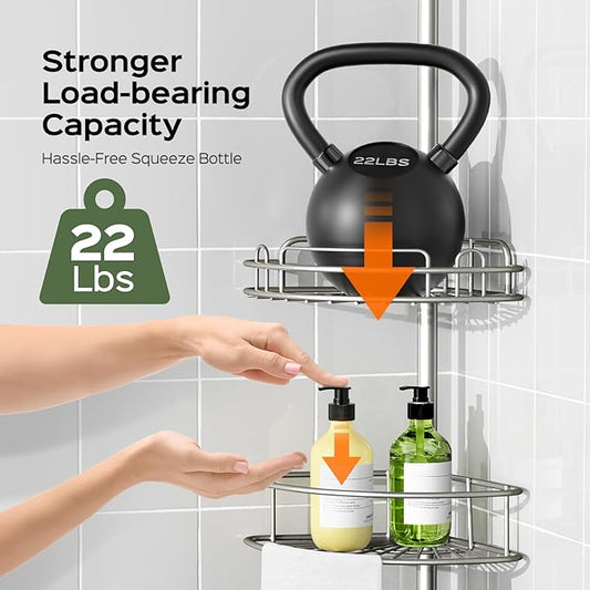HAMITOR Shower Caddy Tension Pole: 4-Tier Rustproof Bathroom Corner Shelf Organizer for Renter - No Drill Large Shampoo Stora