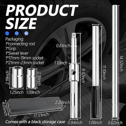 Extended Lug Nut Removal Tool Kit with 4 Way Lug Wrench,23" Telescopic Tire Iron Lug Wrench with 2 Standard Sockets(17,19,21,