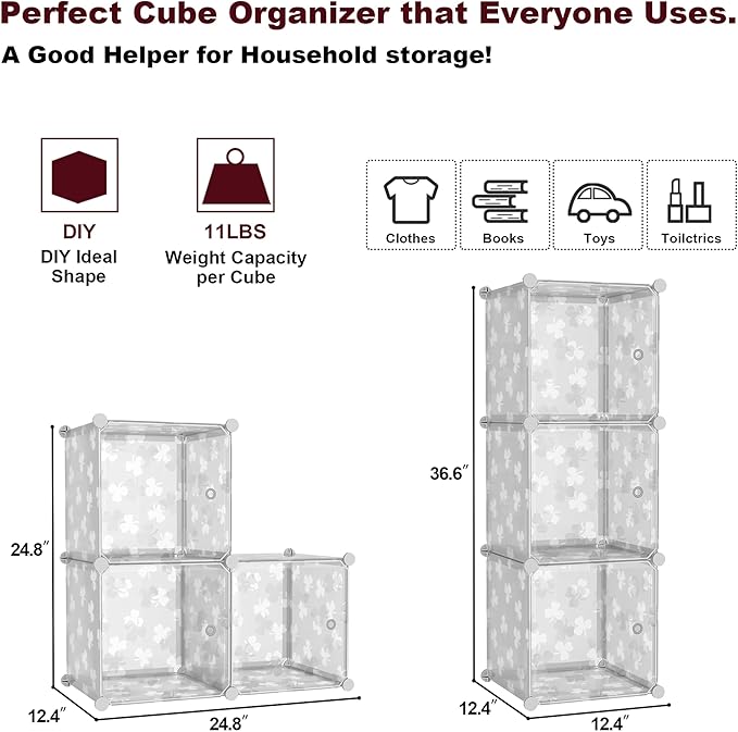 C&AHOME Cube Storage Organizer with Doors, 3-Cube Shelves, DIY Plastic Modular Bookshelf, Closet Clothes Storage Shelving Ide