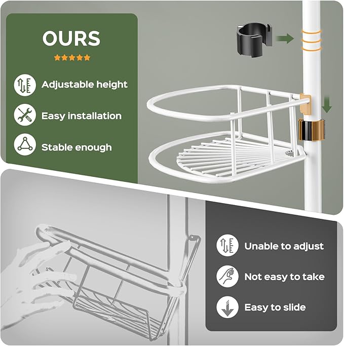 HAMITOR Corner Shower Caddy Tension Pole: Rustproof Bathroom Organizer Shelves for Bathtub Shampoo Accessories Storage Holder