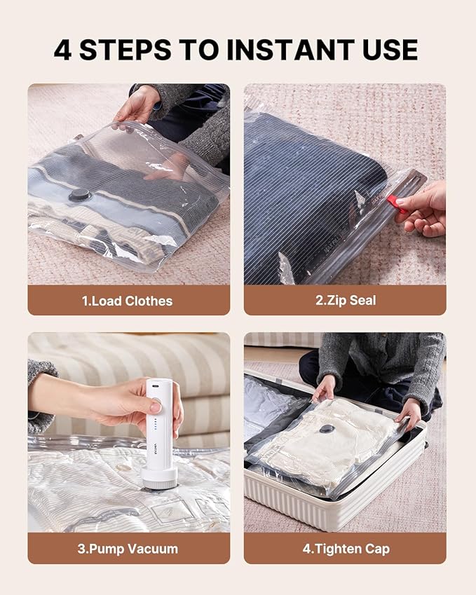 Vacuum Seal Bags for Clothing Travel, VINTAR 12 Pack Vacuum Storage Bags with Rechargeable Wireless Pump, Space Saver Bags(3 