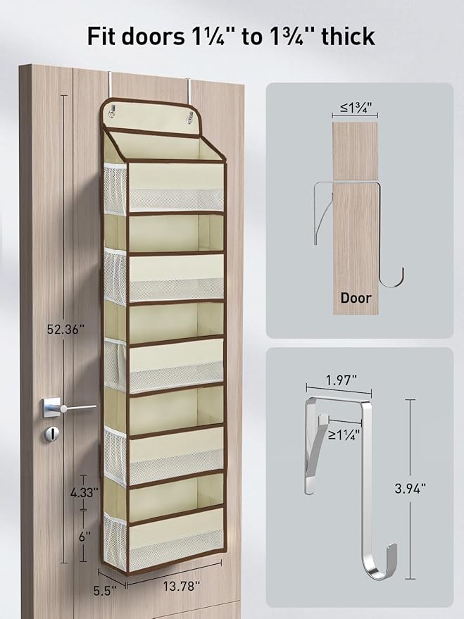 Yecaye 2 Pc Over the Door Organizer with 5 Bins 10 Side Pockets, 44lbs Load Hanging Bathroom and Bedroom Organizer, behind th
