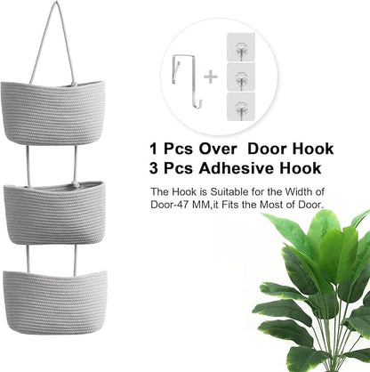 TeoKJ Over the Door Hanging Basket, 3-Tier Woven Cotton Wall-Mounted Storage Organizer Bag Decorative Hanging Nursery Baskets