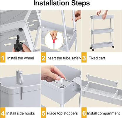 SPACELEAD Slim Storage Cart 3 Tier,Bathroom Organizer Rolling Utility,Mobile Shelving Unit Slide Out for Office, Kitchen, Lau