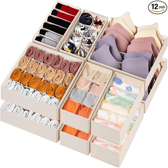 12 Pack Baby Clothes Organizer for Nursery, 116 Cells Fabric Foldable Dresser Closet Organizers and Storage Bins for Clothing
