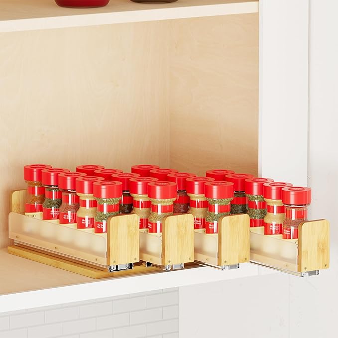 SpaceAid Bamboo Pull Out Spice Rack Organizer for Cabinet, Heavy Duty Slide Out Seasoning Kitchen Pantry Sliding Vertical Org