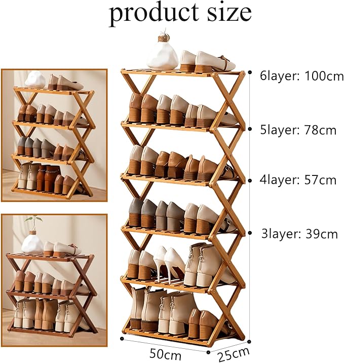 Jessie Bamboo Shoe Rack,Free Standing Shoe Rack for Closet,Portable Folding Shoe Storage Rack, Space Saving,Shoe Shelf for Be