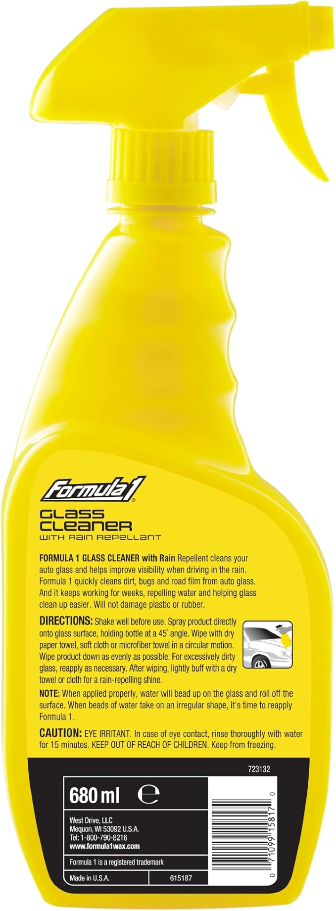 Formula 1 Glass Cleaner with Rain Repellent - Windshield Cleaning Spray for Streak-Free Finish, Improve Visability in Rain, S