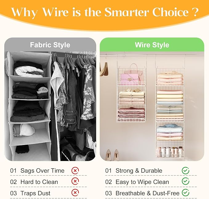 Yuyetuyo ﻿5 Tier Hanging Closet Organizer Separable Hanging Closet Shelves with 4 Hooks 2 Adjustable Dividers, Wire Storage B