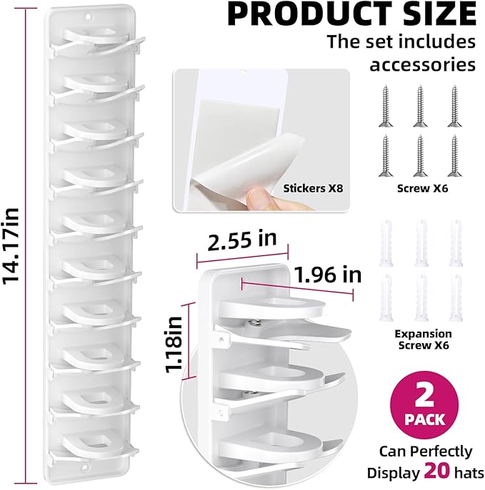 Spring Clip Hat Organizer for Baseball Caps – 2 Pack, Wall Hat Rack for Door & Closet – Keeps 20 Hats Tidy in Garage, Dorm, M