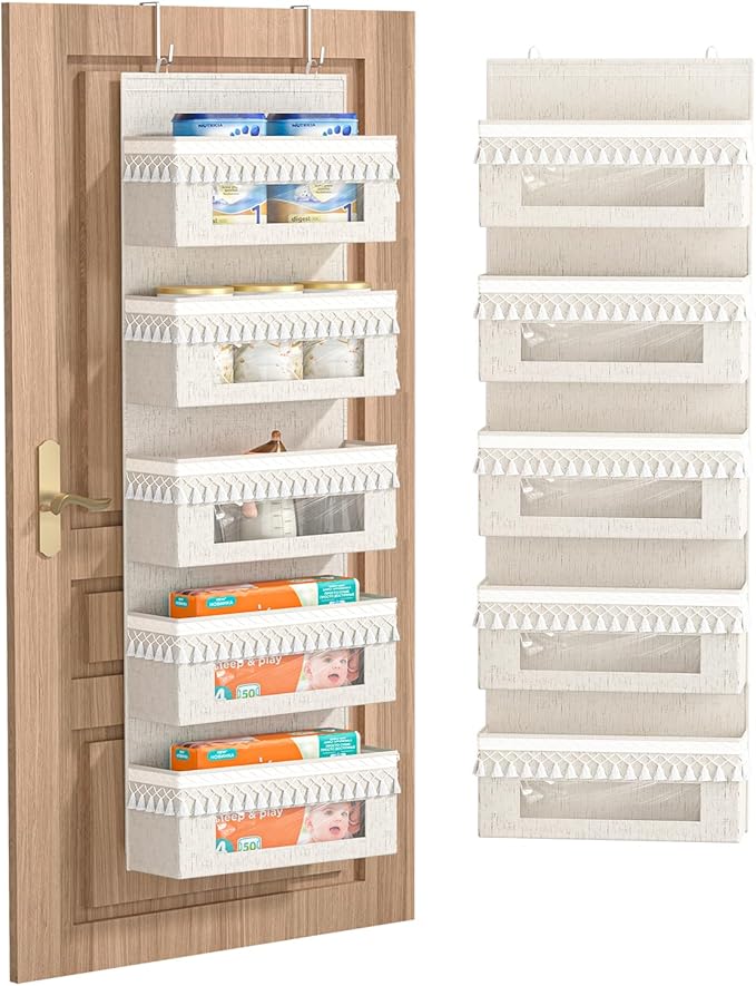 Aokeyee 5 Tier Over The Door Organizer Storage Nursery, Boho Door Organizer Hanging with Tassels and Clear Window, 65lb Behin