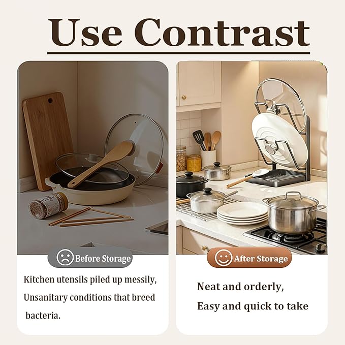 Kitchen Pot Lid Storage Rack, Carbon Steel Pot Lid Holder with Spoon Rest While Cooking, Multifunctional Kitchen Organizer Stand for Counter Top with Removable Drip Tray