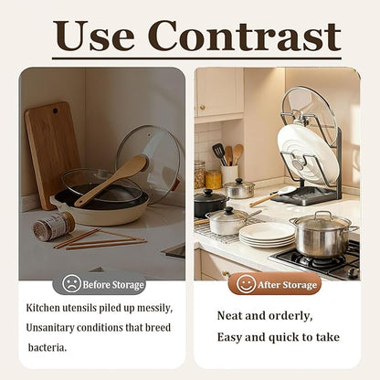 Kitchen Pot Lid Storage Rack, Carbon Steel Pot Lid Holder with Spoon Rest While Cooking, Multifunctional Kitchen Organizer Stand for Counter Top with Removable Drip Tray