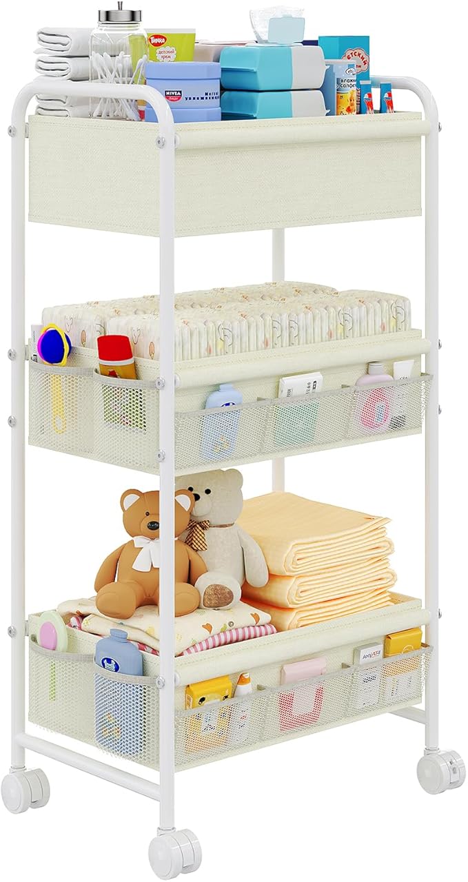 3-Tier Baby Diaper Caddy Cart Organizer,Mobile Nursery Storage Carts with Wheels,With 2 Dividers&14 Mesh Pockets Durable Meta