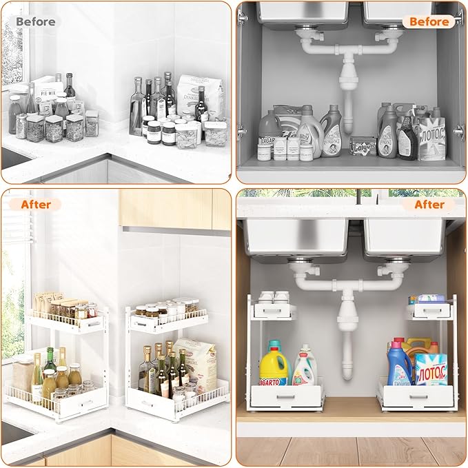 Under Sink Organizer,2 Tier Slide Out Kitchen Cabinet Organizers with Pulley,Under Bathroom Sink Pull Out Organizer with Mult