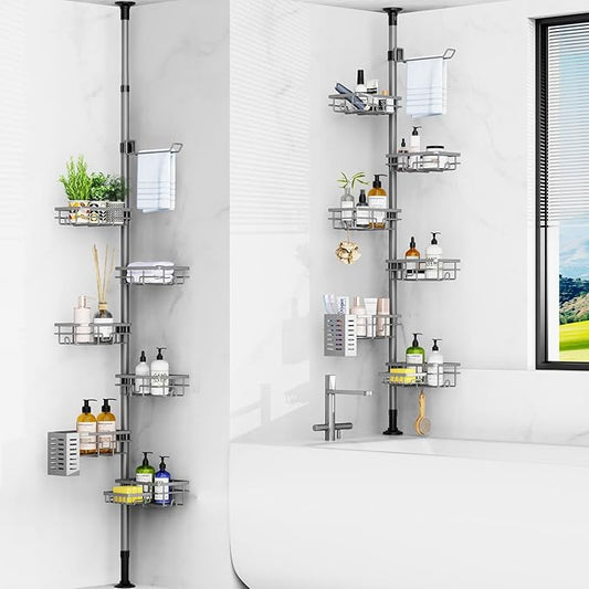 Corner Shower Caddy Organizer Tension Pole, Adjustable 6 Shower Shelves Corner Shelf 30-120Inch Rustproof Shower Rack for Ins