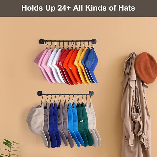 Hat Rack Wall Mount 24 Baseball Caps, Modern Metal Hook with 12 Clips and 12 Hooks Holder Storage Display for Closet Bedroom 