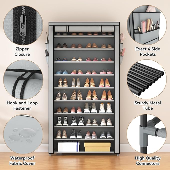 ROJASOP Shoe Rack with Covers, Stackable 10 Tier Tall Shoe Shelf Storage 50-55 Pairs Shoes and Boots Large Capacity Vertical 