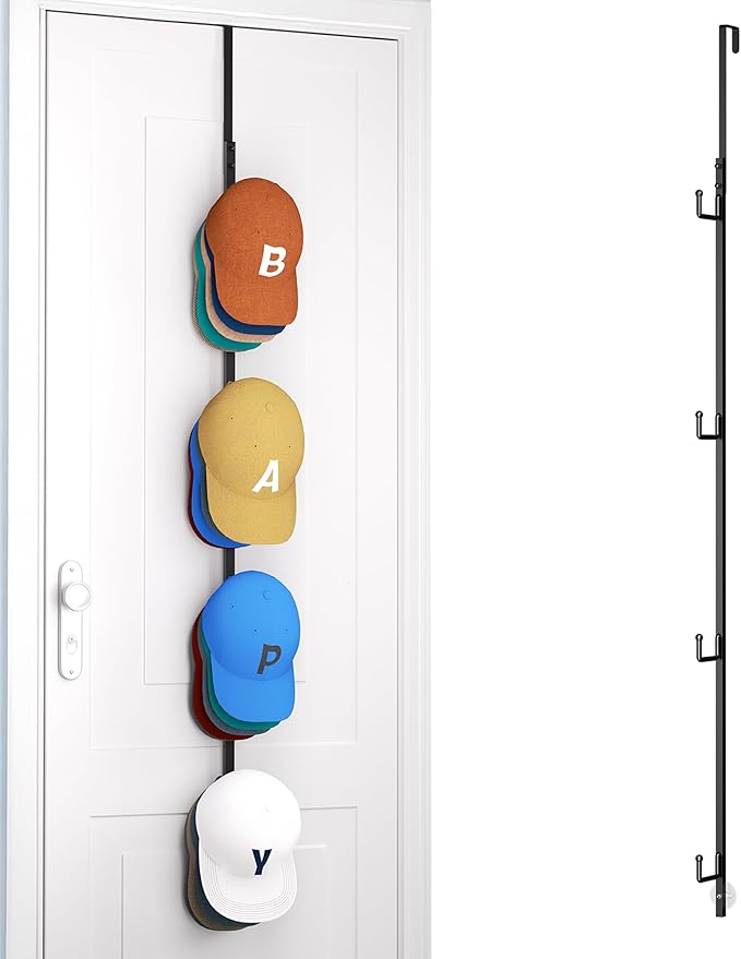 HapiRm Over Door Hat Rack - Hat Organizer with 4 Hooks Design, Hanging Baseball Cap Organizer Storage Holds Up to 20 Caps for
