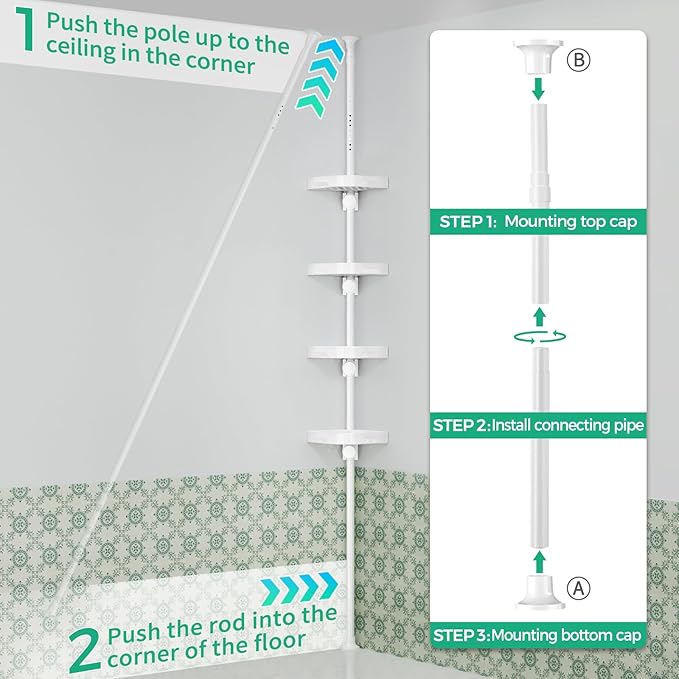 4-Tier Corner Shower Caddy Tension Pole Organizer - Adjustable Rustproof Metal Tension Pole, Plastic Shelves with Safety Guar