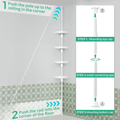 4-Tier Corner Shower Caddy Tension Pole Organizer - Adjustable Rustproof Metal Tension Pole, Plastic Shelves with Safety Guar