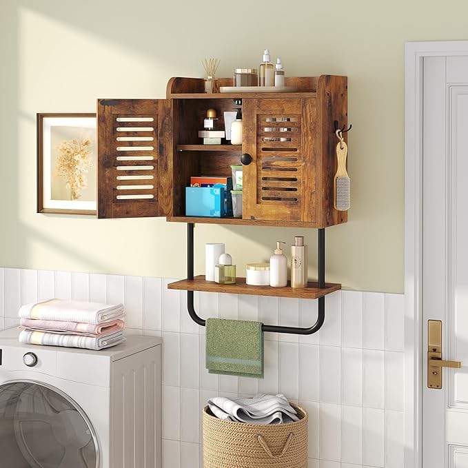 HOOBRO Bathroom Wall Cabinet, Double Doors Medicine Cabinet with Towel Bar, Adjustable Shelf, 2 Hooks, Over The Toilet Storag