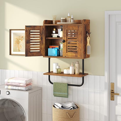 HOOBRO Bathroom Wall Cabinet, Double Doors Medicine Cabinet with Towel Bar, Adjustable Shelf, 2 Hooks, Over The Toilet Storag
