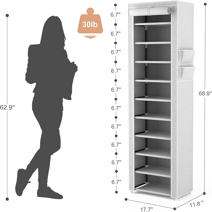 VTRIN Vertical Narrow Shoe Rack Organizer Tall Shoe Rack for Closet Entryway 10 Tier Non-Woven Cover Shoe Shelf Holds 20-22 P