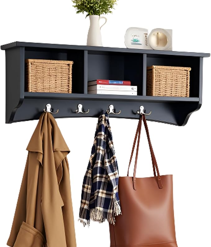 Shaker Cottage Wall-Mounted Coat Rack with 3 Storage Cubbies and 4 Coat Hooks – 36" W x 9" D x 14" H Space-Saving Entryway Or