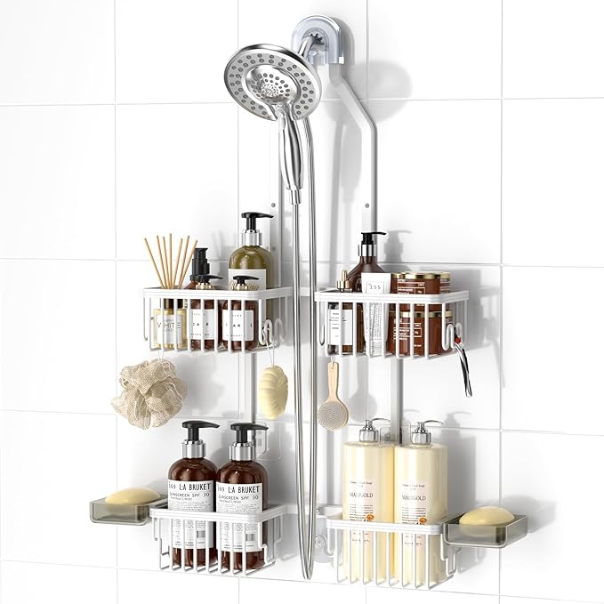 REINHARDT Aluminum Shower Caddy Hanging Adjustable Shower Caddy, Rustproof Hanging Shower Organizer with Hooks Soap Holders, 