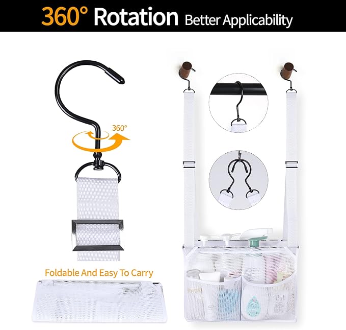 4 Storage Pockets Adjustable Hanging Mesh Bathroom Bag, Shower Caddy College with Hooks, Applied to College Dorm Rooms, Gym, 