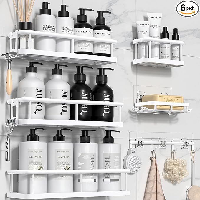 YASONIC Shower Caddy, 6 Pack Large Capacity shower organizer with Soap Holder and 12 Hooks, Rustproof Shelves for Inside Show
