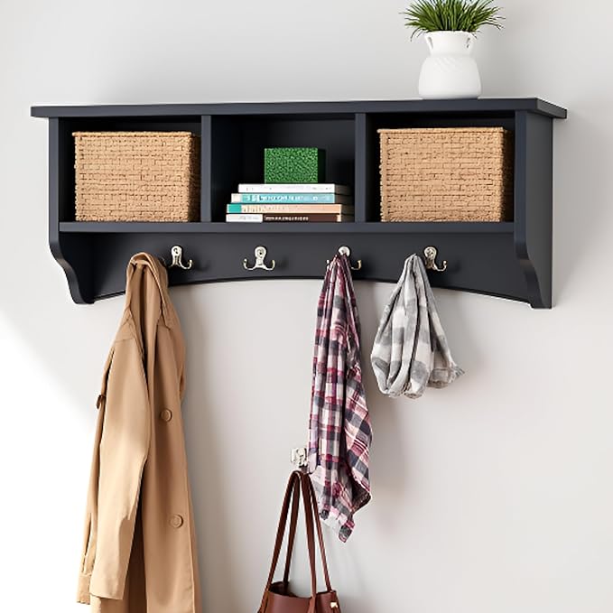 Shaker Cottage Wall-Mounted Coat Rack with 3 Storage Cubbies and 4 Coat Hooks – 36" W x 9" D x 14" H Space-Saving Entryway Or