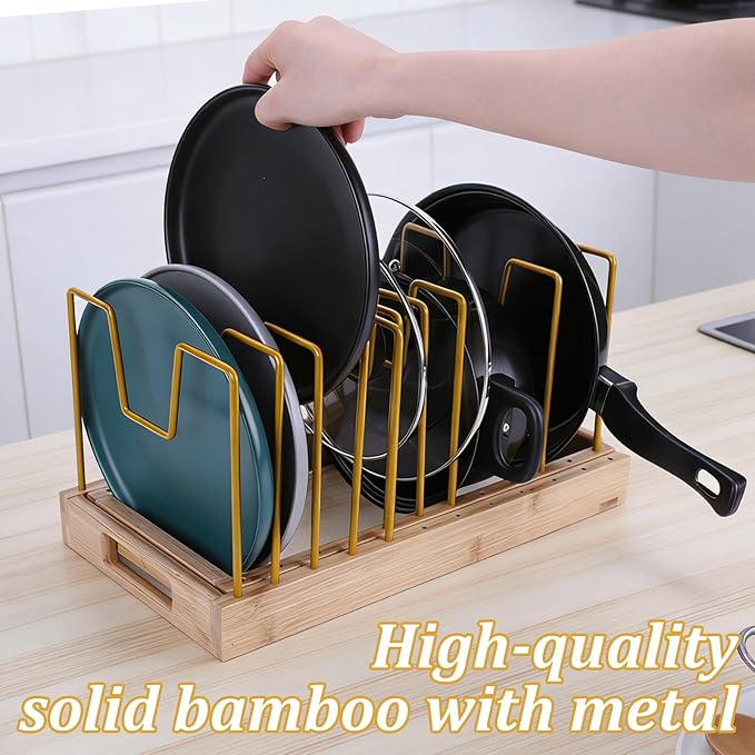 Bamboo Pot Lid Organizer Pot Lid Holder, Pot and Pan Organizer Drawer Organizer for Pot Lids, Pans, Cutting Boards & Baking Sheets, Dinner Plates, Reusable Containers in Cabinet Storage