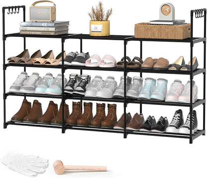 3 Row 4 Tier Long Shoe Rack, Black Metal Stackable Shoe Shelf with Multifunctional Hooks, Shoe Storage Hold 24-30 Pairs, Spac