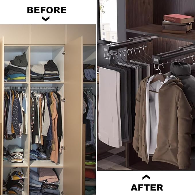 Heavy Duty Pull Out Clothes Rail - Extendable Steel Closet Rod Hanger Rack with Buffer System, Adjustable Storage Solution fo