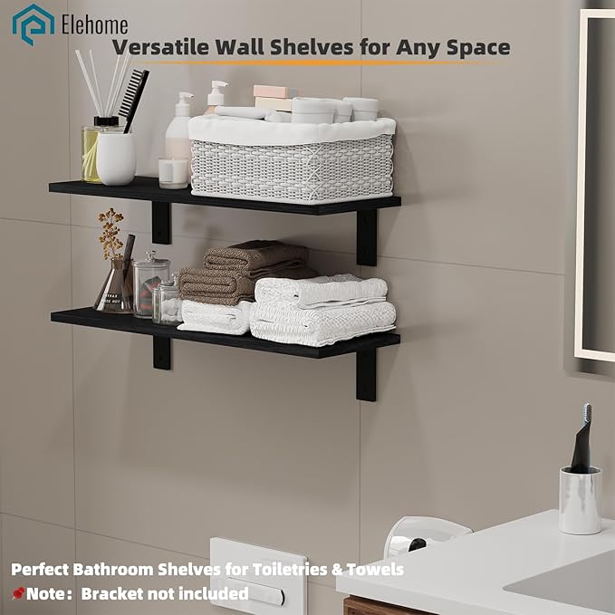 Floating Shelf Board for Wall 5/8" – No Brackets – 24" L x 10" W x 0.6" T Black Wood Melamine Wood Floating Shelves for Bathr