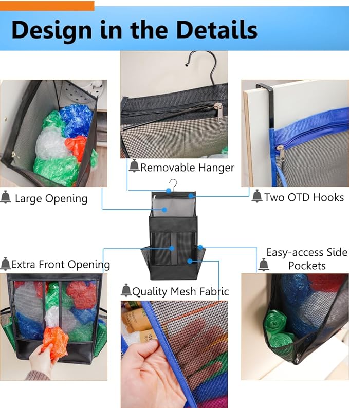 ALYER Hanging Plastic Grocery Bag Holder and Dispenser,Mesh Over the Cabinet Door Organizer with Easy-Access Openings for Kitchen Towel,Bras,Laundry,Installation Free(Black, 21.7"H * 11.8"W * 5.9"D)