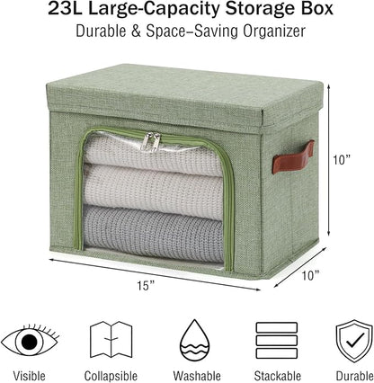 2PCS Large Storage Bins Boxes with Lids Clear Window Zipper Closure Decorative Cotton Linen Fabric Baskets with PU Leather Ha