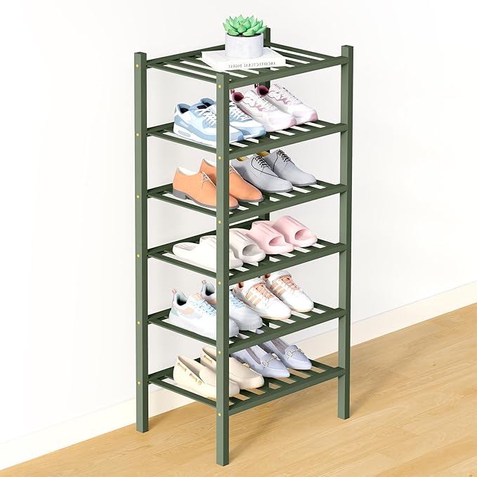 Smiry Bamboo Shoe Rack for Closet, 5 Tier Long Wooden Stackable Shoe Organizer, Free Standing Shoes Storage Shelf for Entrywa