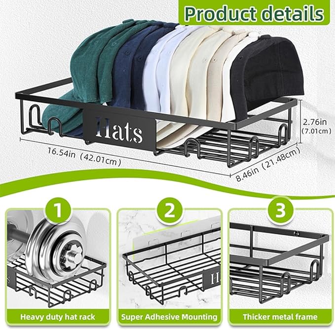 Metal Hat Rack for Wall, 2-Pack Hat Organizer for Baseball Caps Holds 20 Hats, Wall Mounted Hat Storage Holder Display, No Dr