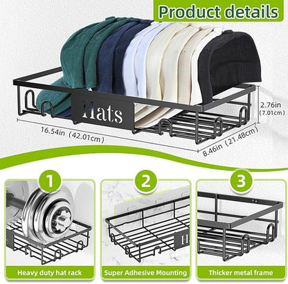 Metal Hat Rack for Wall, 2-Pack Hat Organizer for Baseball Caps Holds 20 Hats, Wall Mounted Hat Storage Holder Display, No Dr
