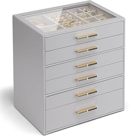 Vlando 6 Layer Jewelry Box for Women, Glass Lid Jewelry Organizer with 6 Drawers for Necklaces Rings Earrings Bracelets - Gre