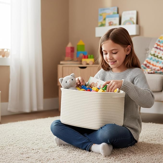 R RUNKA Cotton Rope Storage Basket 15"x10"x9" – Fabric Storage Bins for Organizing Clothes,Toys,Blankets – Durable Woven Stor