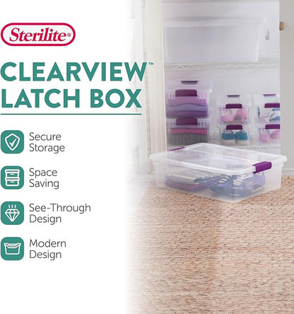 Sterilite 12-Pack 32 Quart ClearView Latch Box, Stackable Organizer Bins with Latching Lids - Clear Plastic Organization Cont